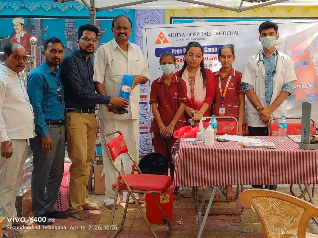 Doctors and staff at free diabetes health camp Aditya Hospitals Medchal